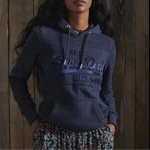✨ Superdry Vintage Logo Hoodie Navy Tonal Embossed Satin Small Athleisure Casual